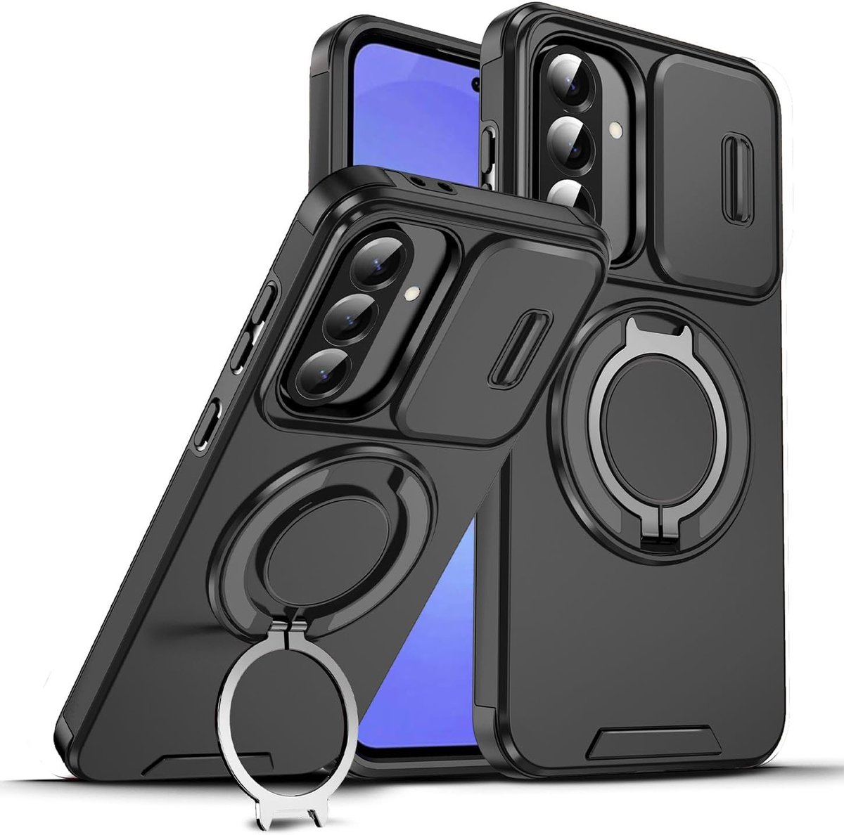 Hoesje voor Samsung Galaxy A54 5G, Matte Textuur Harde PC Siliconen TPU Bumper Militaire Grade Shockproof Cover, met Magnetische Ring Standaard en Schuif Camera Cover (zwart)