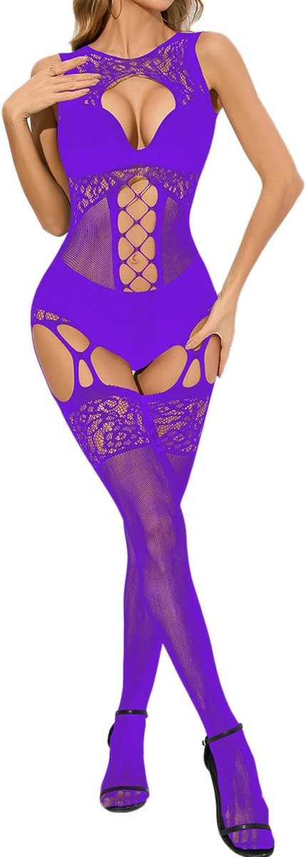 Visnet Bodystocking Sexy Net Lingerie Een Maat Cut-Out Holle Babydoll Bodypak Nachtkleding Panty