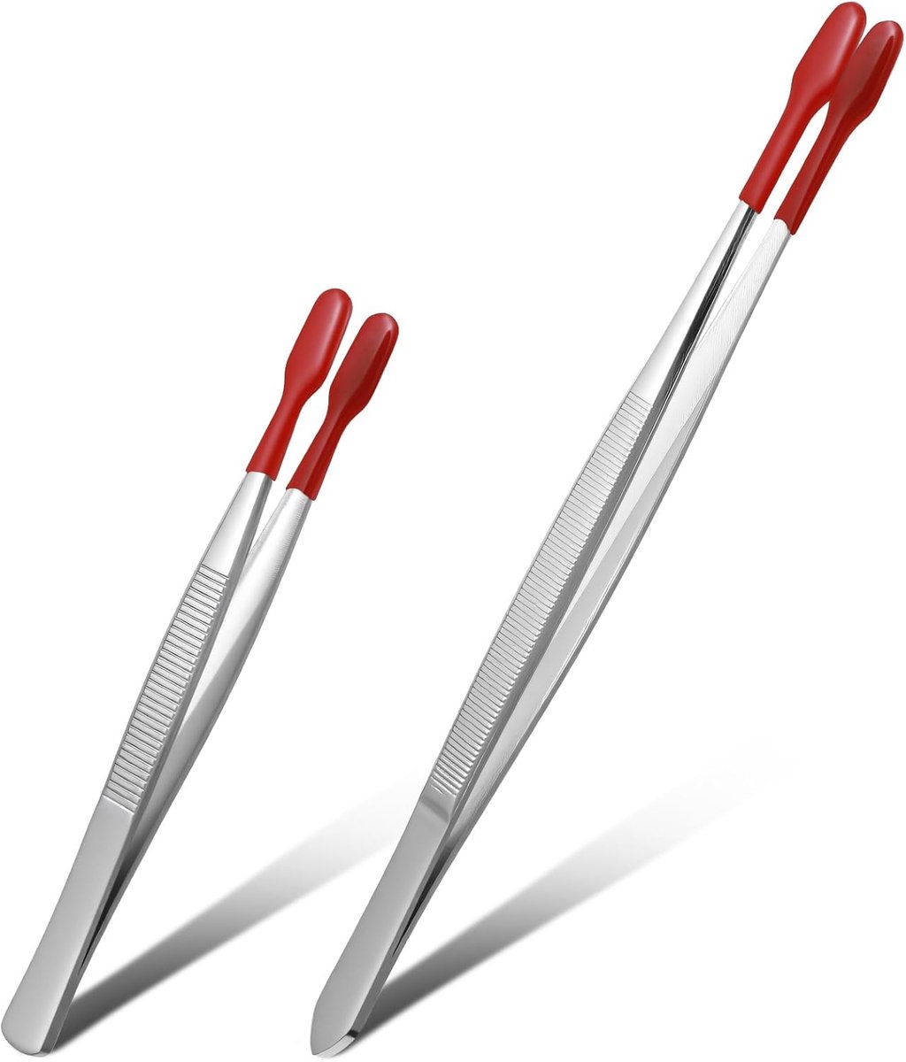2 stuks pincetten met rubberen punten, platte punt, roestvrij staal, platte siliconen gecoate rubberen sieraden, pinnen, lange knutselpincet voor laboratorium, knutselen, postzegels doe-het-zelf maken