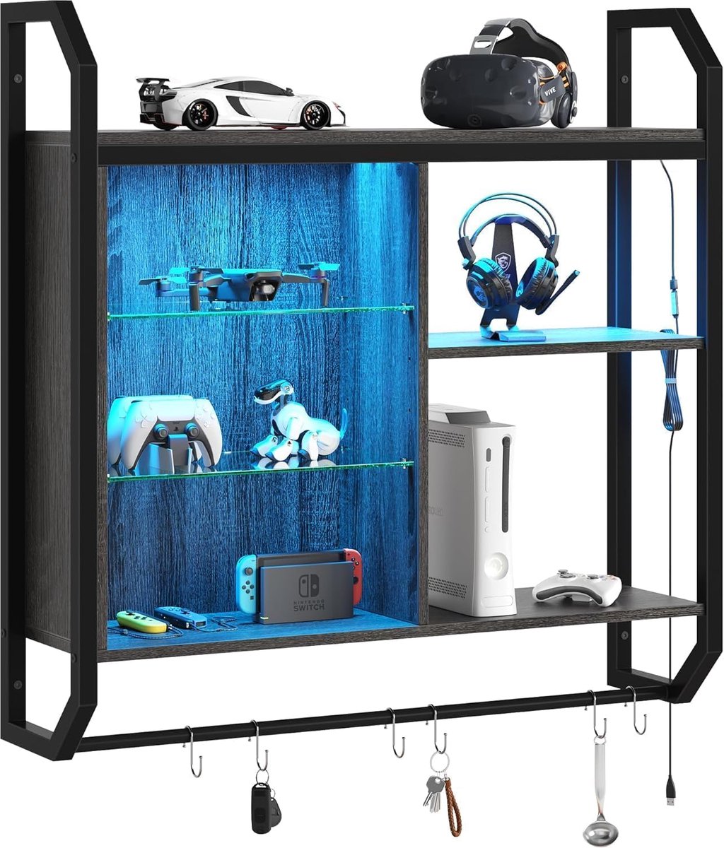 Zwevende planken, 84 cm LED-wandplank met verstelbare glazen bodem, buisvormige planken hangende displayplank boekenplank met 6 S-haken, gamingkamerdecoratie wijn- en koffiebar, zwart
