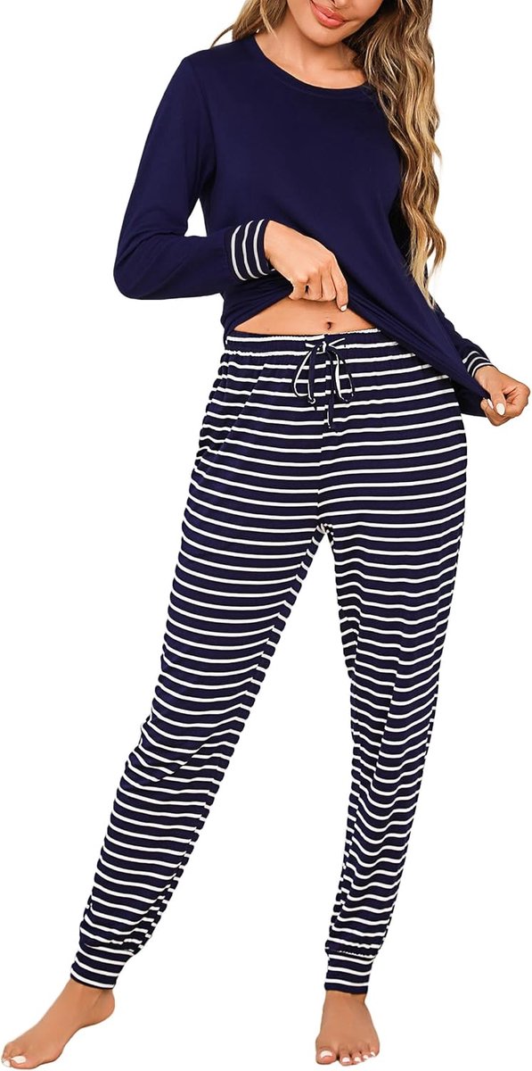 Pyjama van katoen voor dames, winter, tweedelig, lange pyjama voor dames met zijzakken, comfortabel, casual, voor thuis, S-XXL