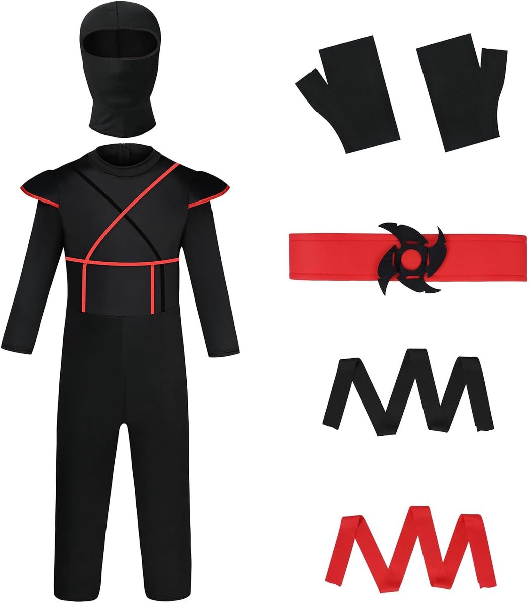 Kostuum voor kinderen, 3 stuks, samoerai-kostuum met capuchon, dolken en handschoenen, Halloween, party, cosplay, carnaval en verjaardag