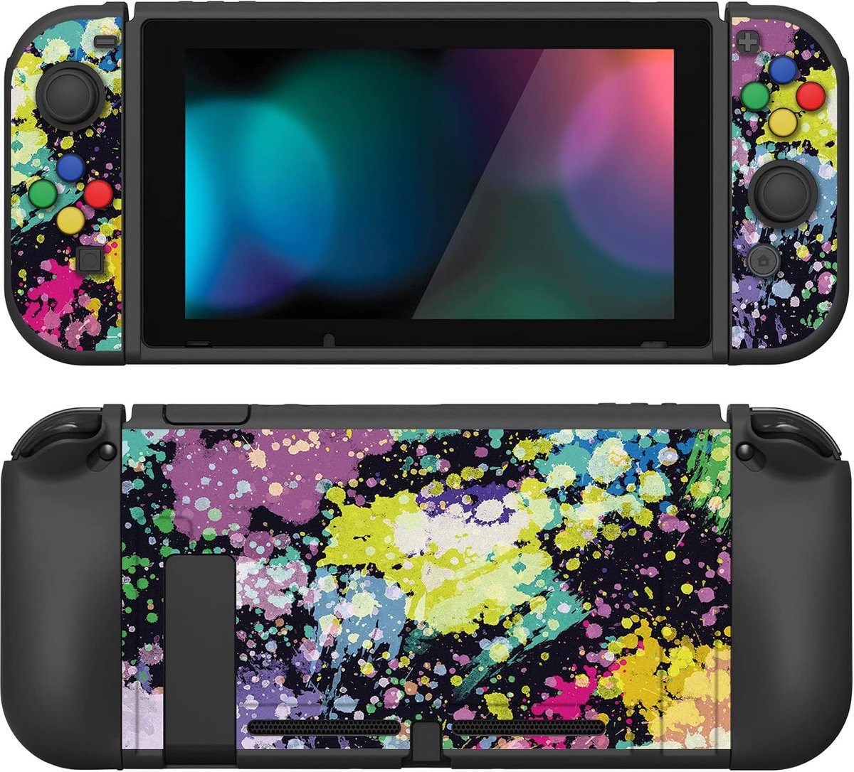 Hoes voor Nintendo Switch - Siliconen Beschermhoes met Gehard Glas Folie, TPU Cover voor Console met 2 Duimgrepen & ABXY Knop Caps, Ergonomisch Ontwerp (Waterverf Splash)