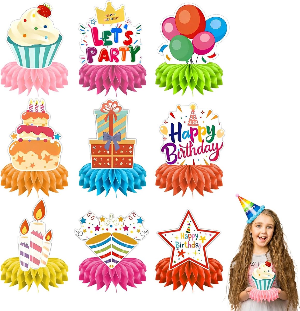 9 stuks tafeldecoratie verjaardag, verjaardagsdecoratie tafel, carnavaldecoratie, kleurrijke Happy Birthday-decoratie voor mannen en vrouwen