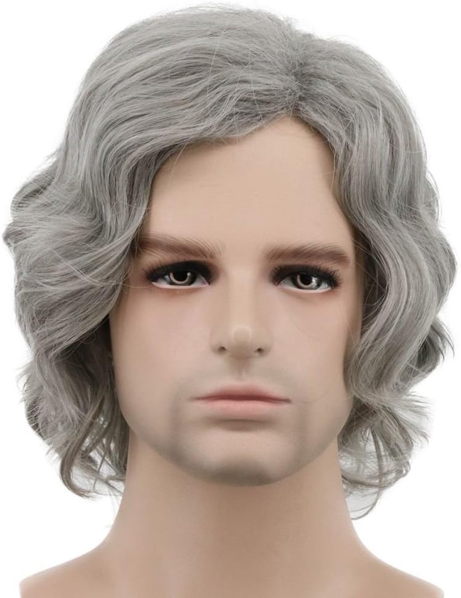 Mannen Korte Bob Wave Grijze Pruik Halloween Cosplay Pruik Anime Kostuum Party