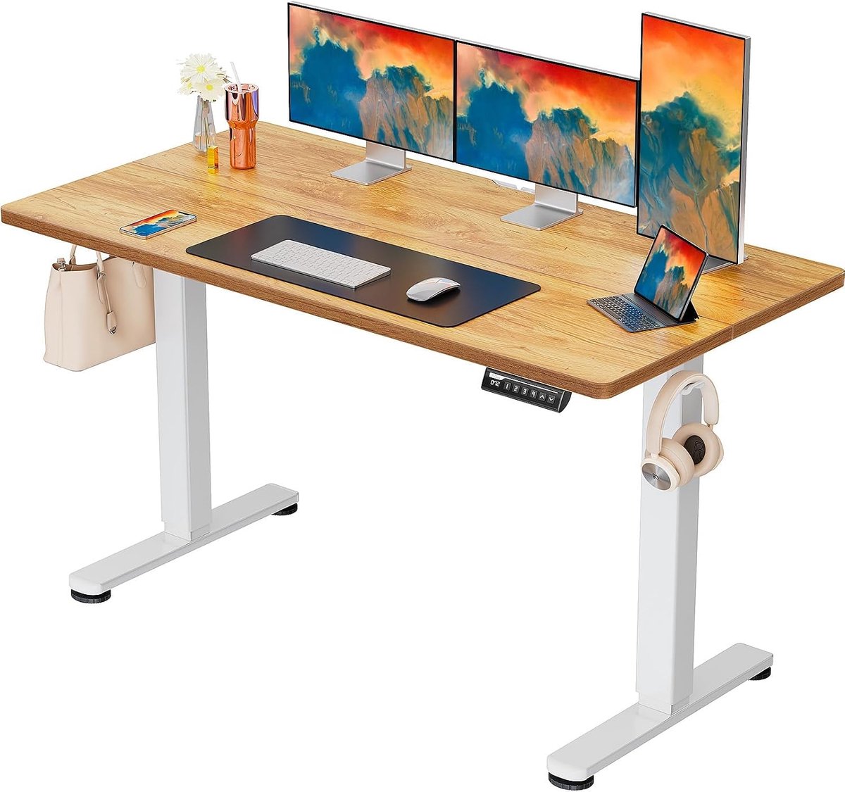 Elektrisch Zit-Sta Bureau Hoogte Verstelbaar 140 x 70 cm, Zit-Sta Bureau met 4 Geheugen Smart Paneel voor Kantoor thuis met Verdeelplaat