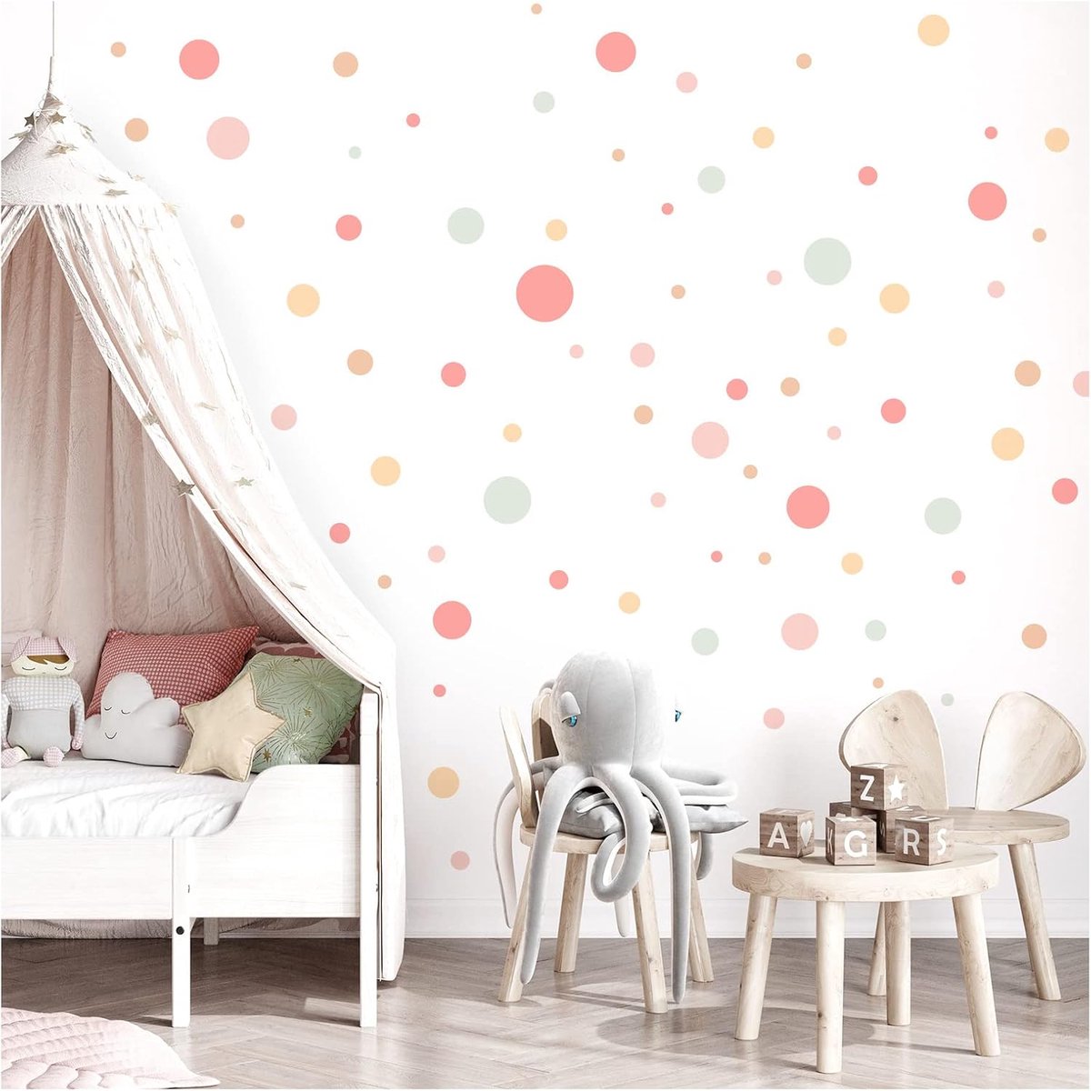 Deco Muursticker 120 punten set muursticker kinderkamer pastel roze mint geel muursticker cirkels dots babykamer wanddecoratie zelfklevend DL897-2
