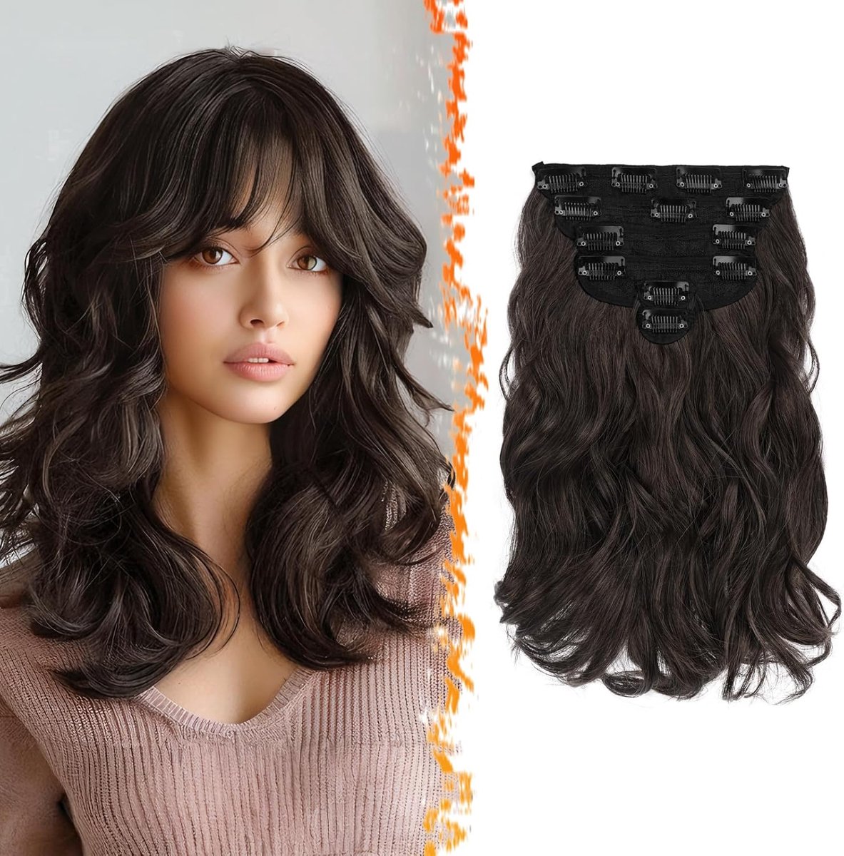 Clip-in haarverlenging, 30 cm, korte golvende clip-in extensies, donkerbruin, voor vrouwen, 6 stuks, voor het hele hoofd, dikke synthetische haarstukjes, donkerbruin