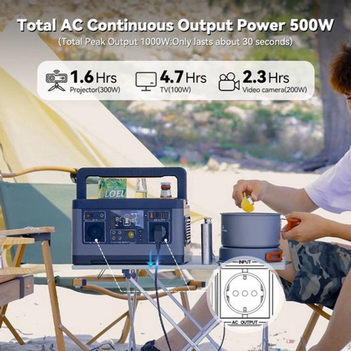Draagbare Powerstation – Mobiele Accu – Noodstroom – Zonne-accu – 500W Continu Vermogen – Pure Sinusgolf