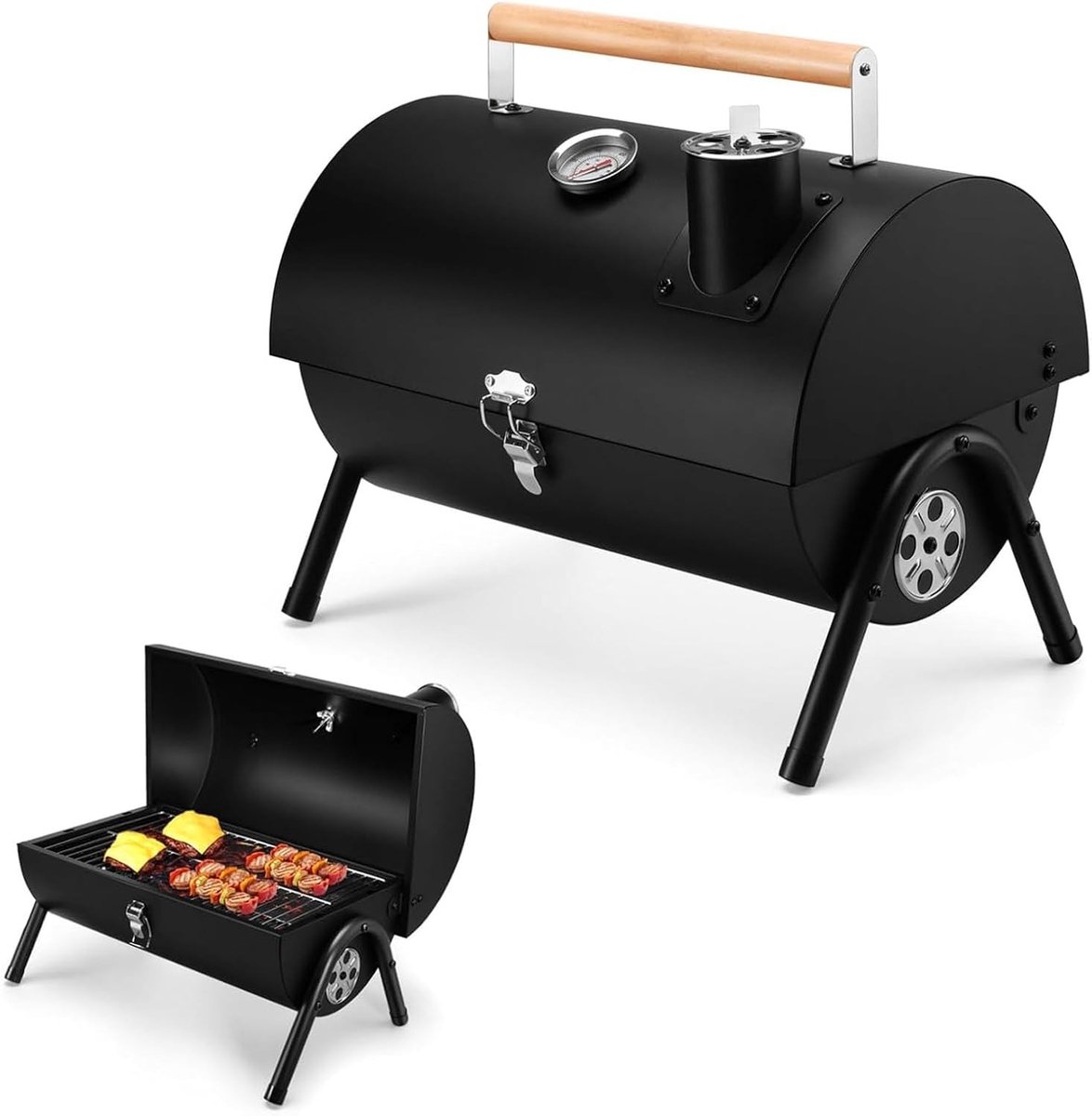 Houtskoolbarbecue - Zwart - 34 x 22 cm - Draagbare Grill met Thermometer en Instelbare Luchttoevoer - Voor Buiten Koken