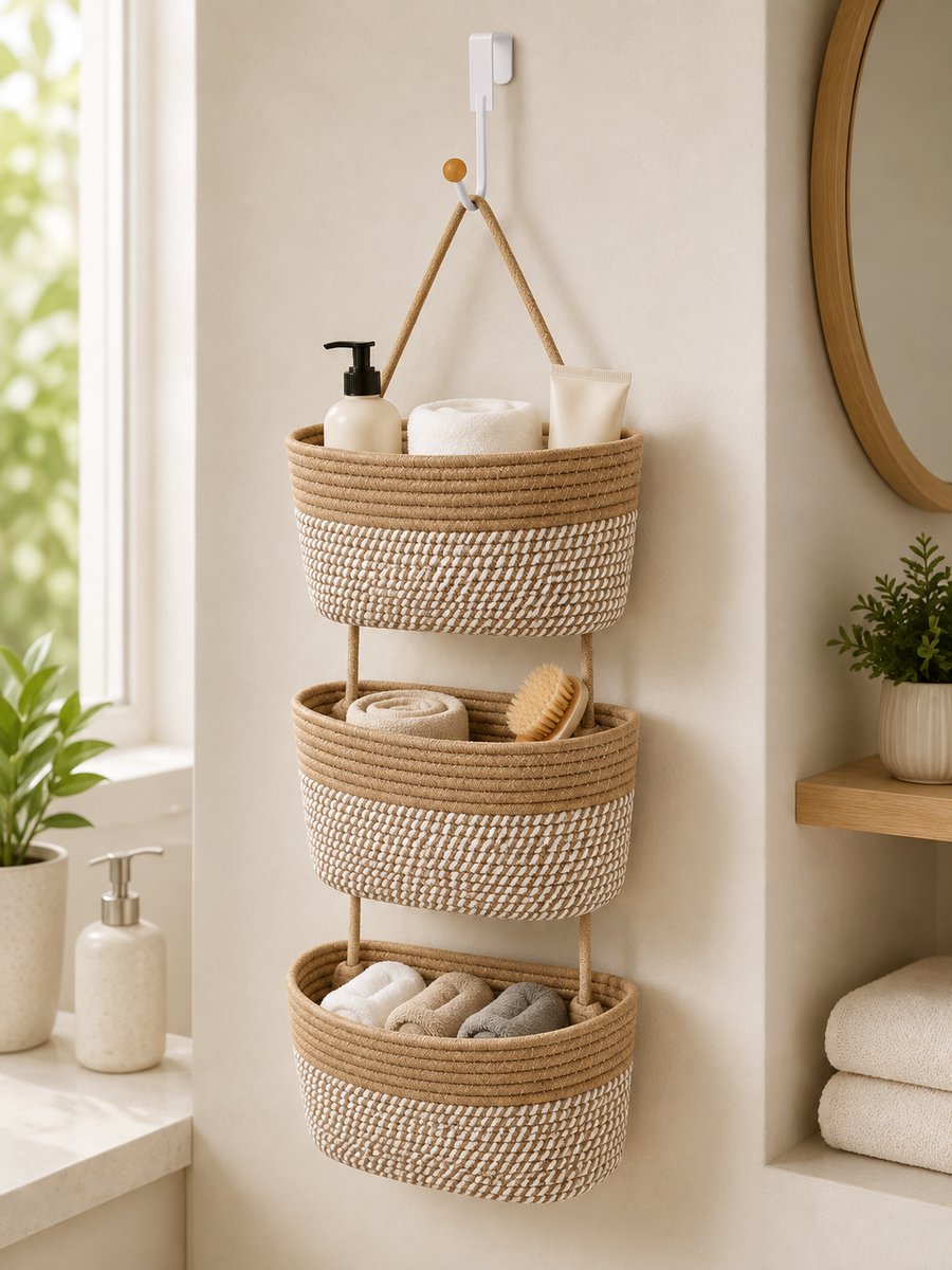 Hangende opbergmand met 3 lagen - geweven katoenen touw - wandhouder - decoratieve organizer voor keuken, badkamer en hal - met haak - vlas strepen