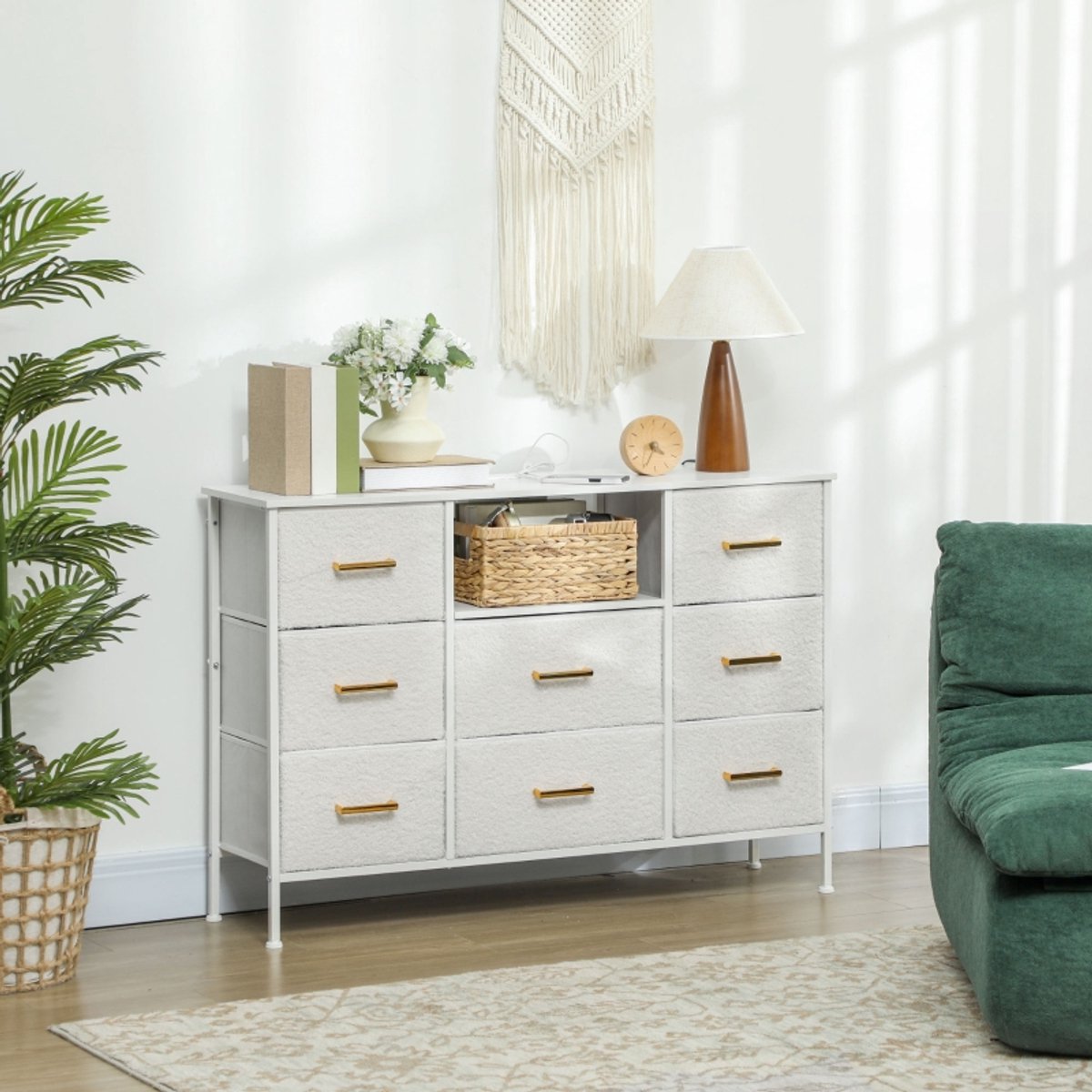 MIVRAY Ladekast Met 8 Stoffen Lades, Laadstation En Open Vak Voor Woonkamer, Hal En Slaapkamer - Cremewit - 110 X 30 X 76 Cm