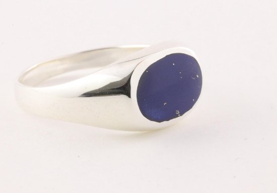 Ovale hoogglans zilveren ring met lapis lazuli - maat 18