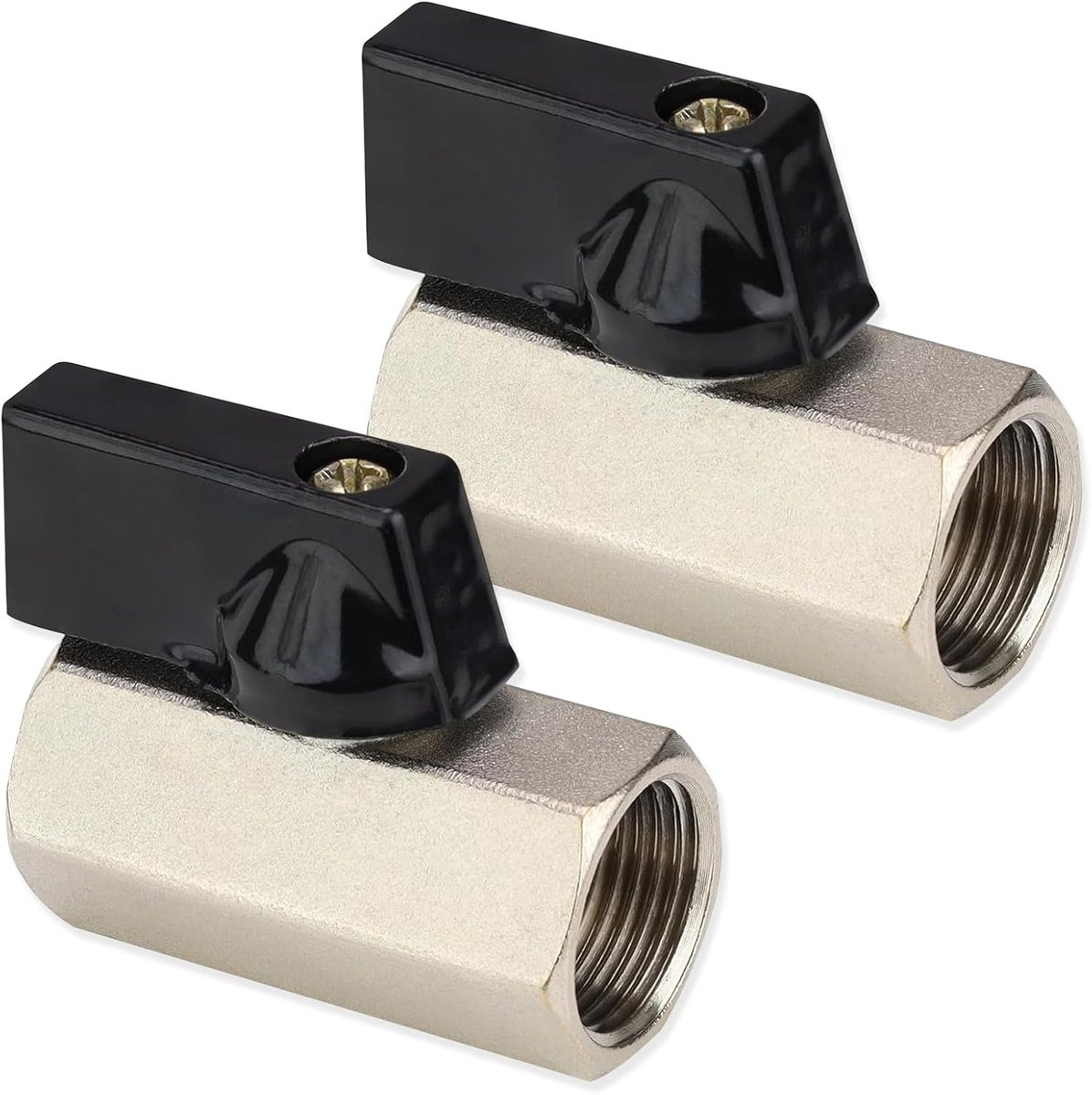 2 stuks mini-kogelkraan, binnendraad, 3/8 inch binnendraad, afsluitkraan, zeshoekige kogelkraan, messing vernikkeld, mini-kogelkraan, voor wateraansluitingen, zwart + zilver