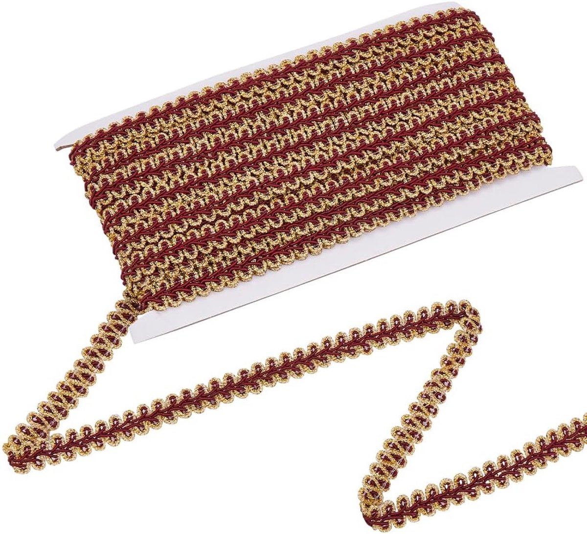 13M 14Mm Donkerrood Vlecht Lint Goud Trim Vintage Gimp Sparkle Golvende Rand Webbing Stof Polyester Linten Voor Naaien Maken Kleding Accessoires Gordijn Sofa Decor Diy Craft