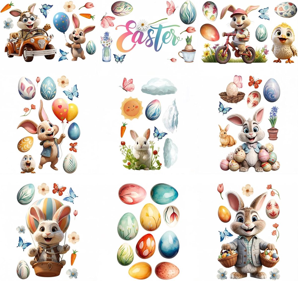 Paasstickers voor ramen, 9 decoratieve bladeren met eieren, konijnen en lente, feestelijke decoratie zonder lijm voor binnen en vitrines