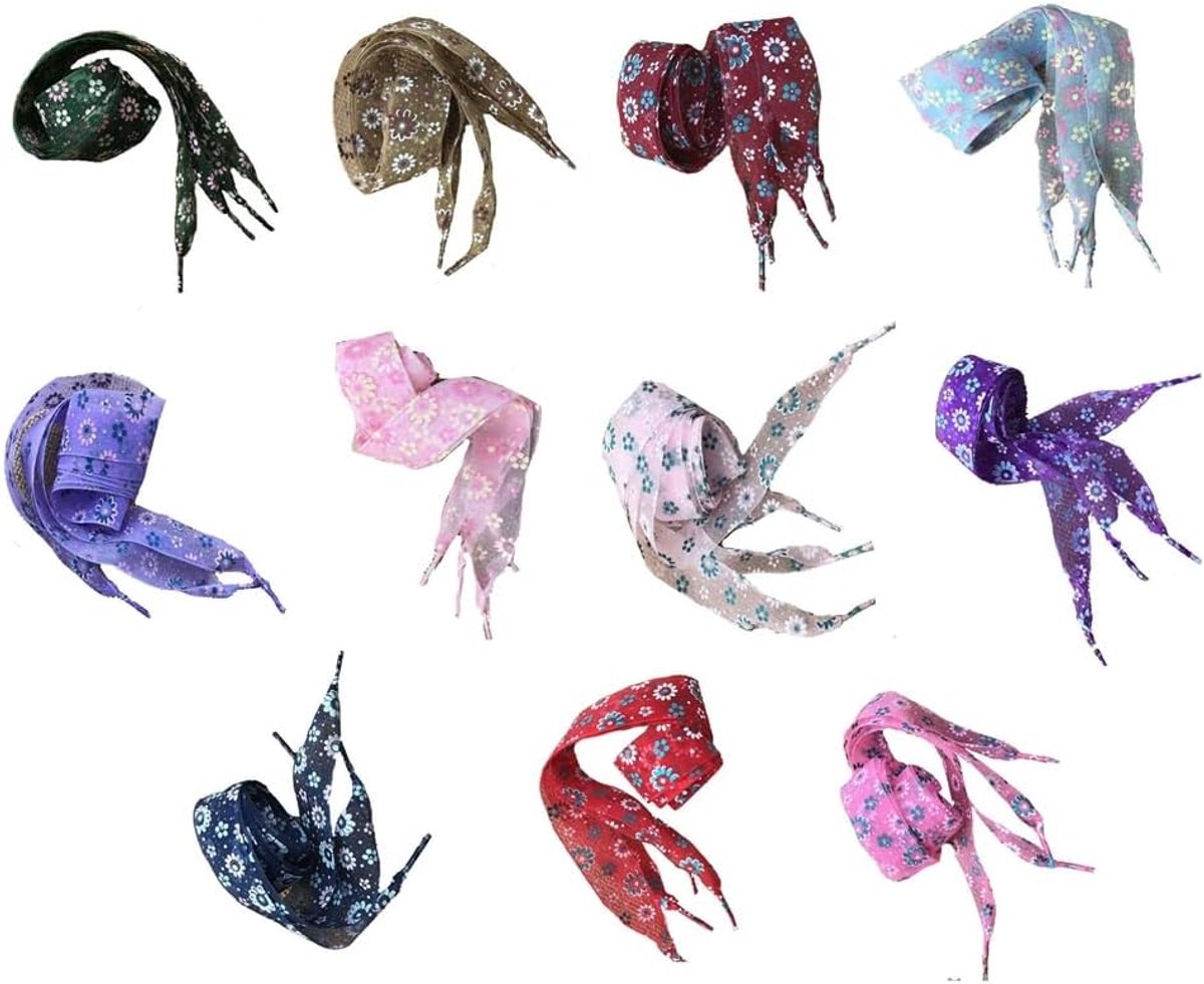 Veters, 11 paar bedrukte veters, 25 mm breed, transparant, organza schoenveters, platte linten, kleurrijke bloemenprint, schoenveters, voor meisjes, 70 cm
