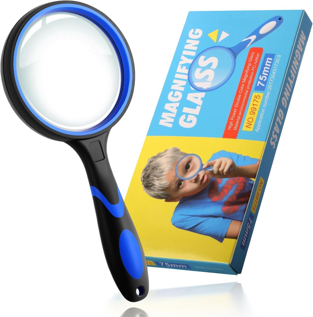 1 verpakking met 10-voudige loep voor senioren en kinderen, antislip handloep om te lezen, 75 mm vergrootglas voor strak werk en hobby-observatie, blauw