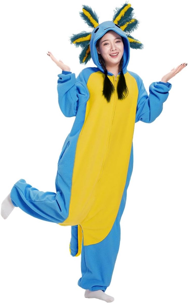 Onesie voor volwassenen, Axolotl kostuum, pyjama, heren, dames, uniseks, cosplay, dier, pluche, nachtkleding, Halloween, jumpsuit voor pyjama