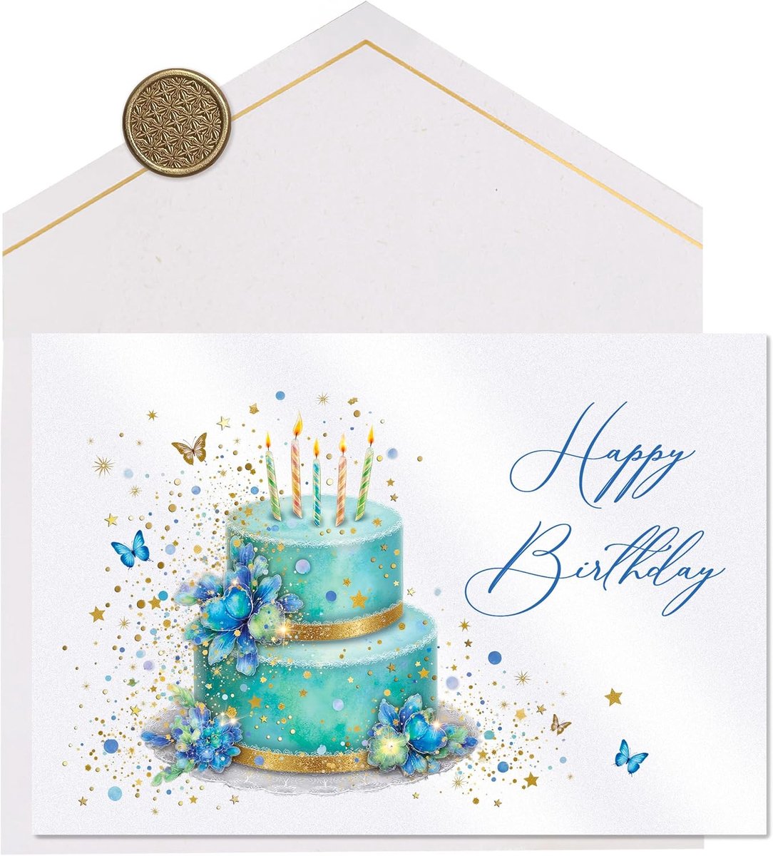 Premium verjaardagskaart SET STARDUST Blue Cake - Verjaardagskaart met envelop van premium papier en echte lakzegel - 17 x 11,5 cm