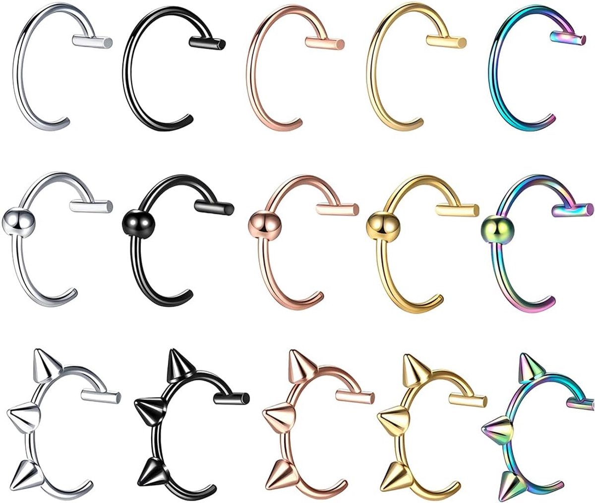 Stalen fake piercings (15 stuks) – gothic-punk lippiercing-designs, meerkleurig