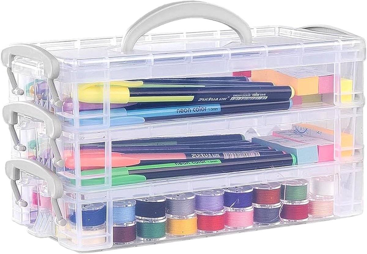 Pennenetui, plastic opbergdoos met deksel, 3 niveaus draagbare doorzichtige pennenbak met handgrepen, stapelbare stationaire organizer voor thuis, kantoor, ambachten