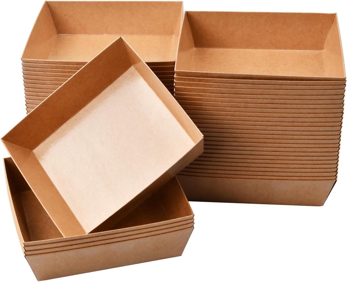 50 stuks kraftpapier voedselbakjes, bruine papieren bakjes kartonnen bootjes, water- en oliebestendige papieren snackbakjes, kraftkartonnen kommen voor snacks, gefrituurde gerechten, salades