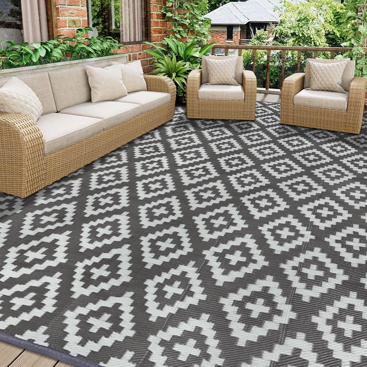 Tuintapijt outdoor waterdicht 245 x 305 cm groot buitentapijt omkeerbare tuinmatten plastic stro tapijten buiten camping matten voor terras strand BBQ picknick dek balkon (grijs)