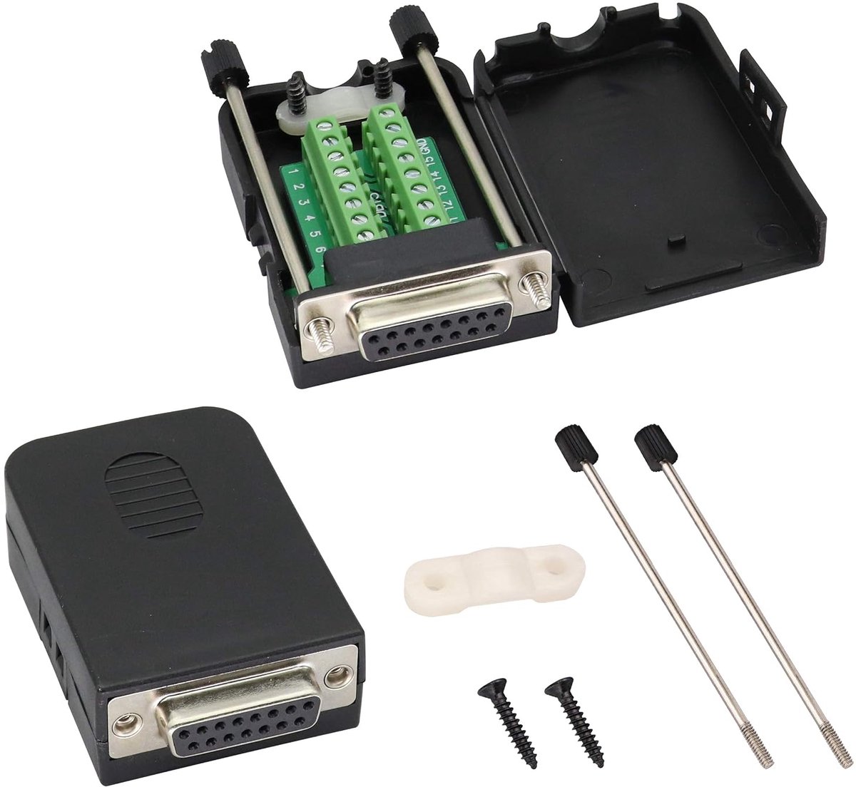Schroefklemmenblok Adapter D-SUB 15 Pin 2 Rij DB15 Vrouwelijk naar 16 Pin/Manier Vrouwelijke Seriële Terminal Breakout Board Connector Signaalmodule met behuizing (2Pcak/Vrouwelijk)