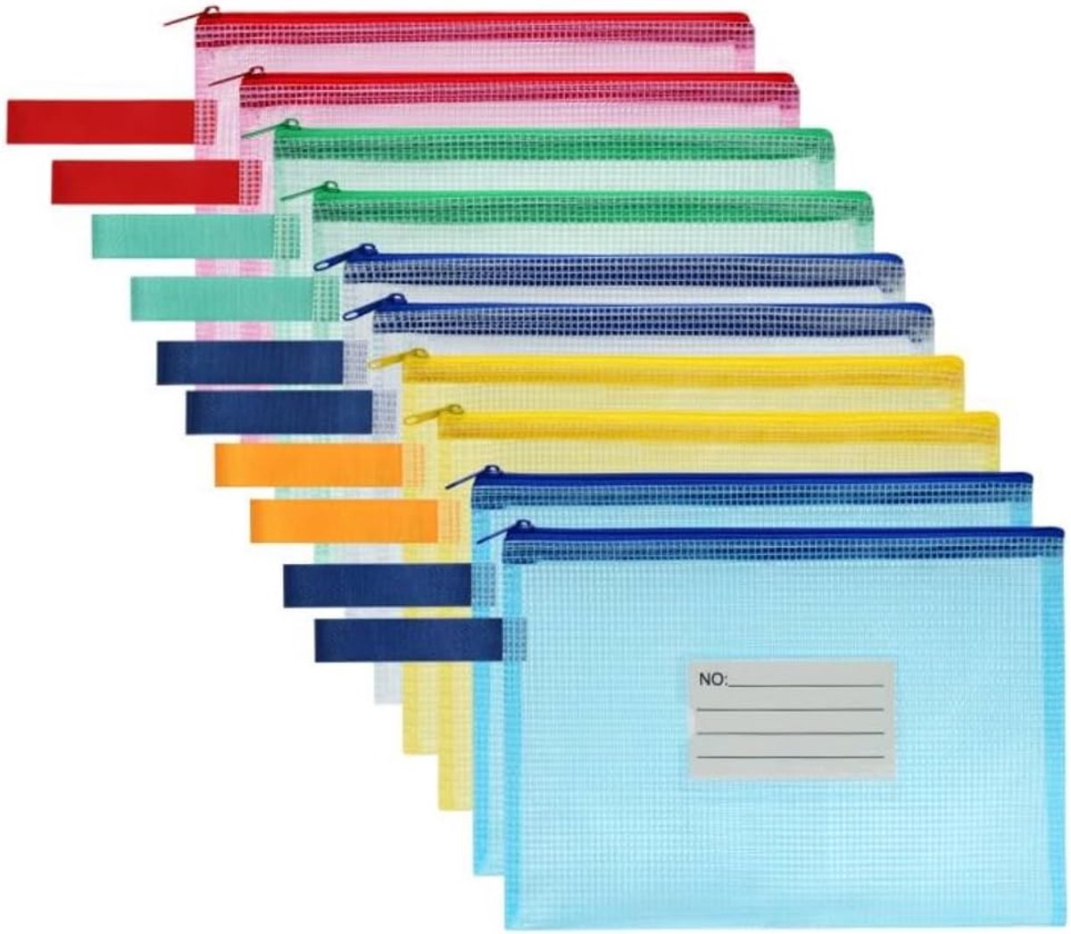 Documententas A4, 10 stuks Waterdichte Ritszakken met Label, Mesh Plastic Dossierzak met Rits, Documentenmap voor School Thuiskantoor Reizen Cosmetica, 5 Kleuren
