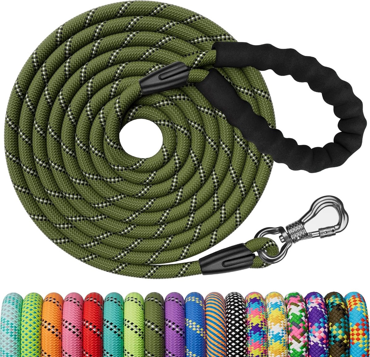 Hondenriem 5 meter - Donkergroen - 5 m x 8 mm - Nylon Trainingslijn met Gevoerde Handgreep - Voor Kleine, Middelgrote en Grote Honden