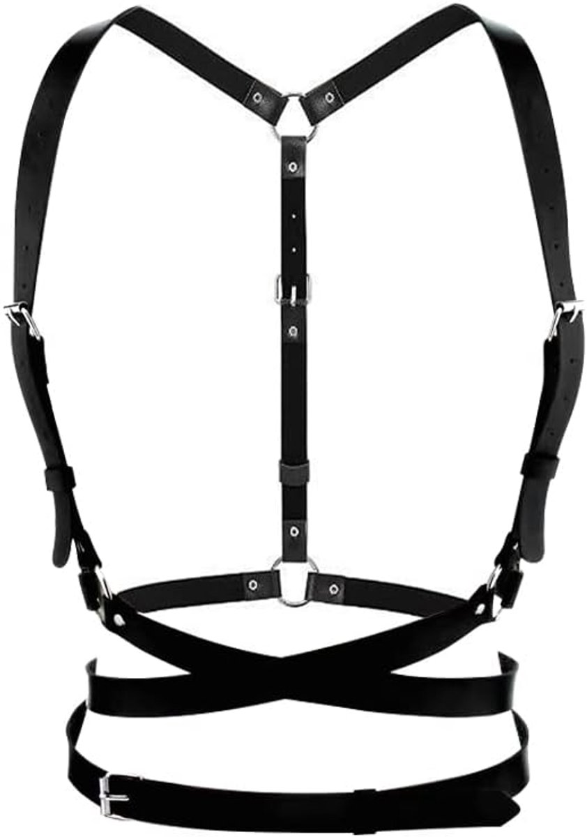 Punk Tailleharnas Lederen borstriem Zwarte Goth-ketting Verstelbaar lichaamsvest Sieraden voor Vrouwen Meisjes Cosplay-feestje Rave Halloweenkostuum, #2, Eén maat
