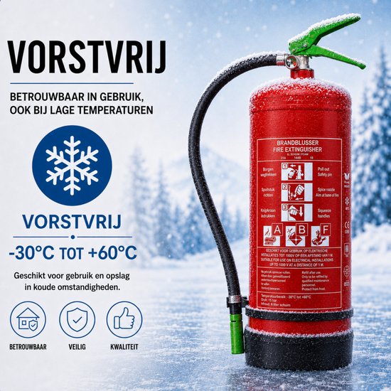 Rode brandblusser met groene hendel, in winterse setting. 'VORSTVRIJ' logo en -30°C tot +60°C indicatie.