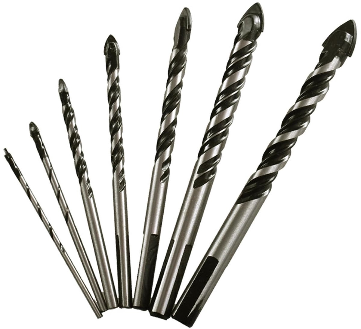 1/8 tot 1/2 inch metselwerkboorset (7 stuks) met driehoekige handgreep voor glas/baksteen/kunststof/cement/hout/tegels/enz., industriële sterkte hardmetalen boorpunt