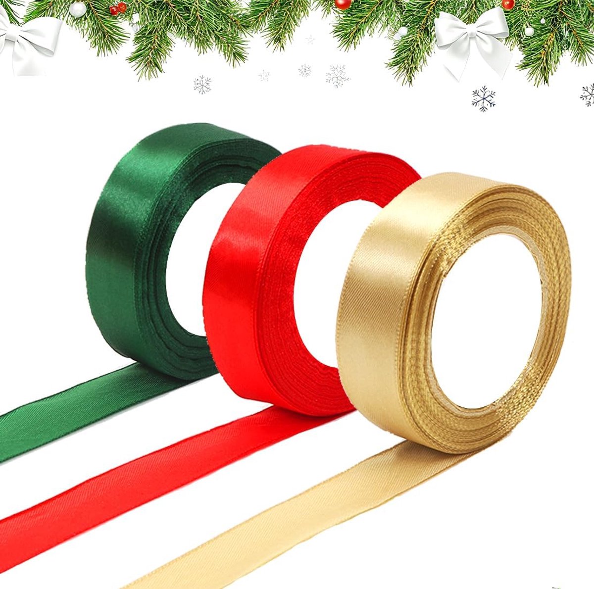 Satijnen lint, 25 mm x 66 m, 3 rollen, rood, donkergroen, goud, accessoires voor geschenkverpakkingen voor Kerstmis, bruiloft, verjaardag, decoratie