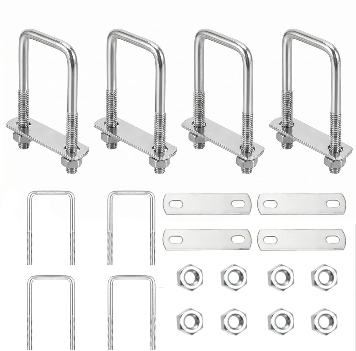 M8, 4 stuks 40 x 100 mm, vierkante U-bouten met 16 moeren en 8 tegenplaten, stalen beugelschroeven voor bevestiging en reparatie
