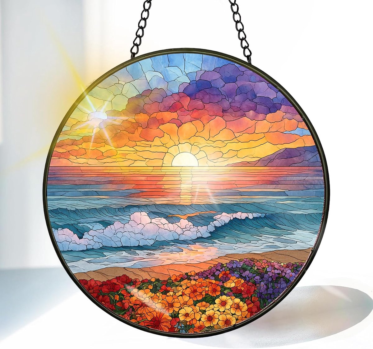 Zonsondergang Gekleurde Glas Zonnevanger 20 cm, Decoratief Oceaangolven Glasraam Ornament met Ketting en Ophanghaak, Raamdecoratie voor Venster, Woonkamer, Tuin of Balkon, Cadeau Idee