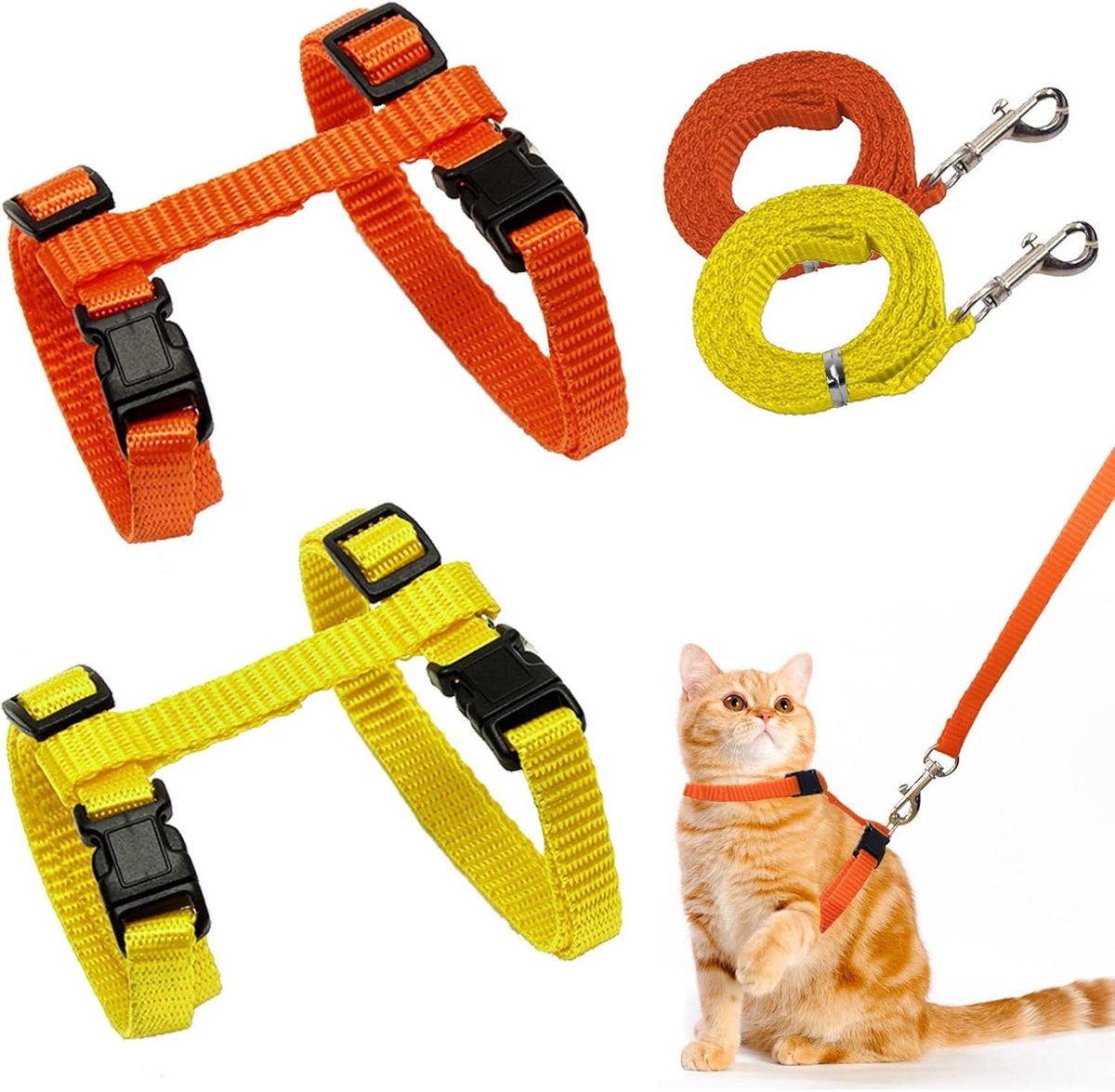 Set van 2 verstelbare nylon kattenharnassen - Kattenharnas - Kattenhalsband - Zacht harnas met riem voor kittens, puppy's, konijnen