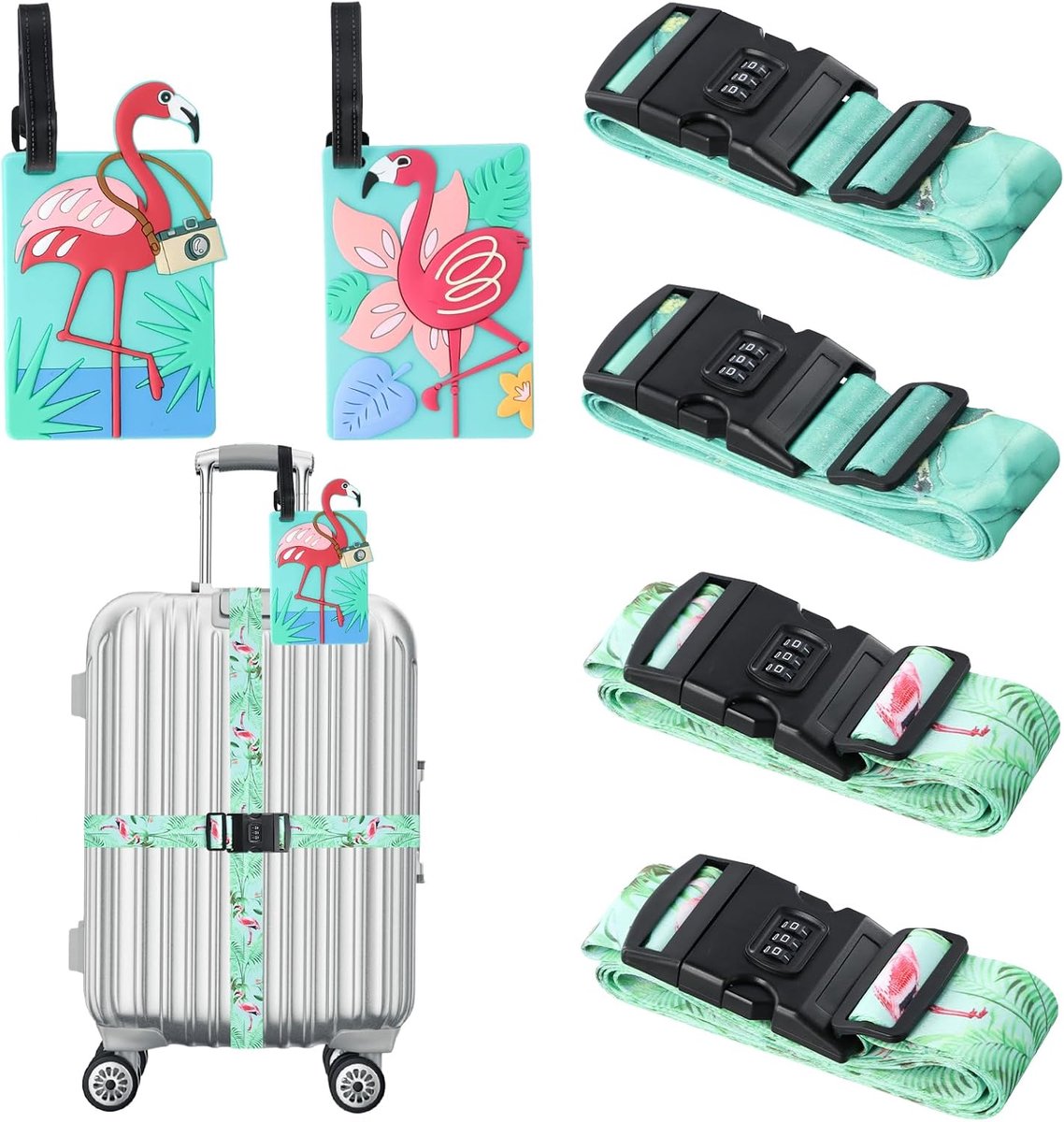 4 stuks kofferriemen met cijferslot, verstelbare kofferbanden, 180 cm, opvallende bagageriemen voor snelle identificatie, kofferriemen, kruisriem + 2 flamingo-bagagelabels voor koffers van 40-66 cm