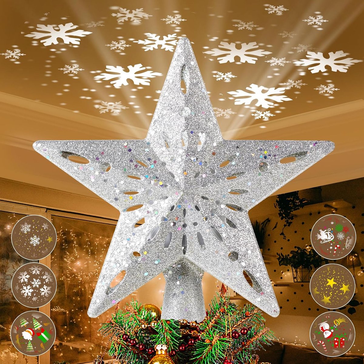 Kerstboomtopper: kerstster boomtopper ingebouwde LED-roterende lichten 3D glitter dynamische projectie voor kerstboomdecoraties - zilver