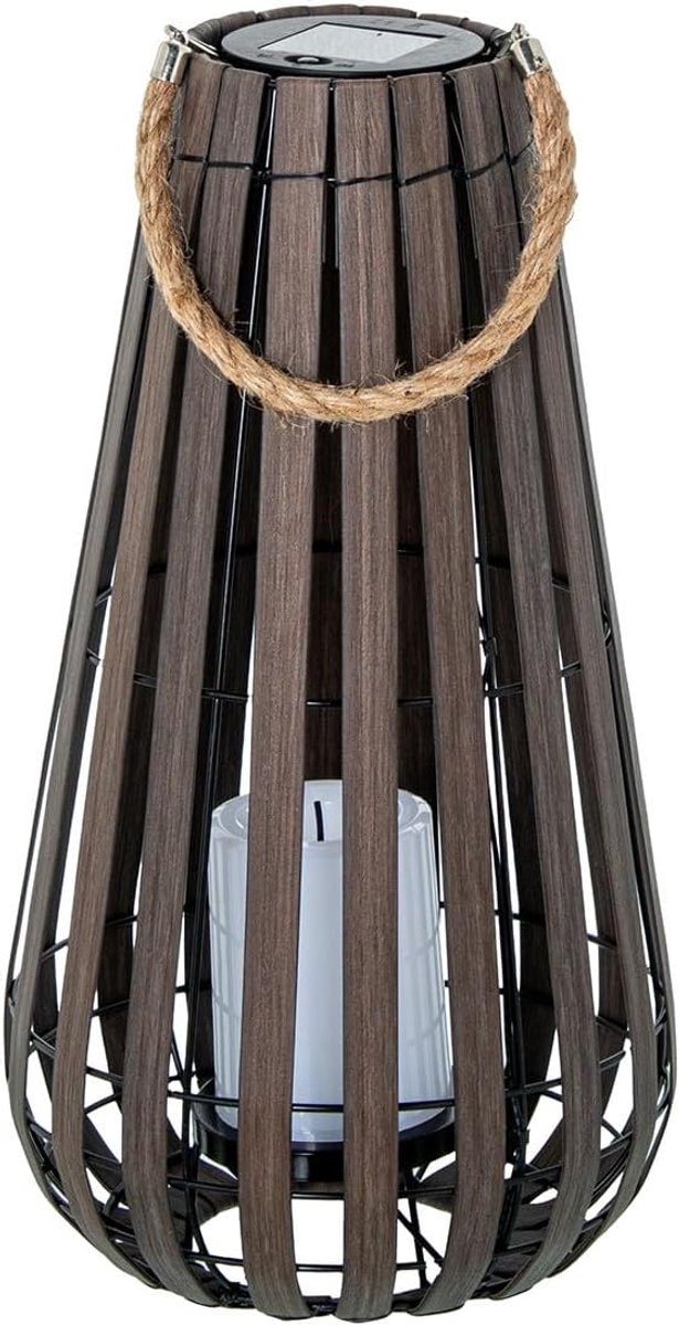 Lantaarn op zonne-energie voor tafel of vloer van hout en zwart metaal, met led-kaars, 21 x 21 x 42 cm