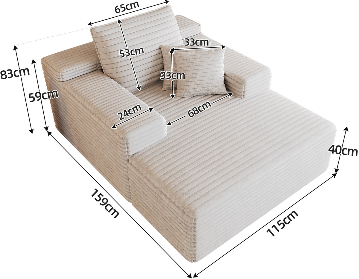 MIVRAY Chaise Longue 115 x 159 cm - Zachte Corduroy Ligstoel Met Hoge Comfort - Voor Woonkamer En Slaapkamer - Stof - Wit