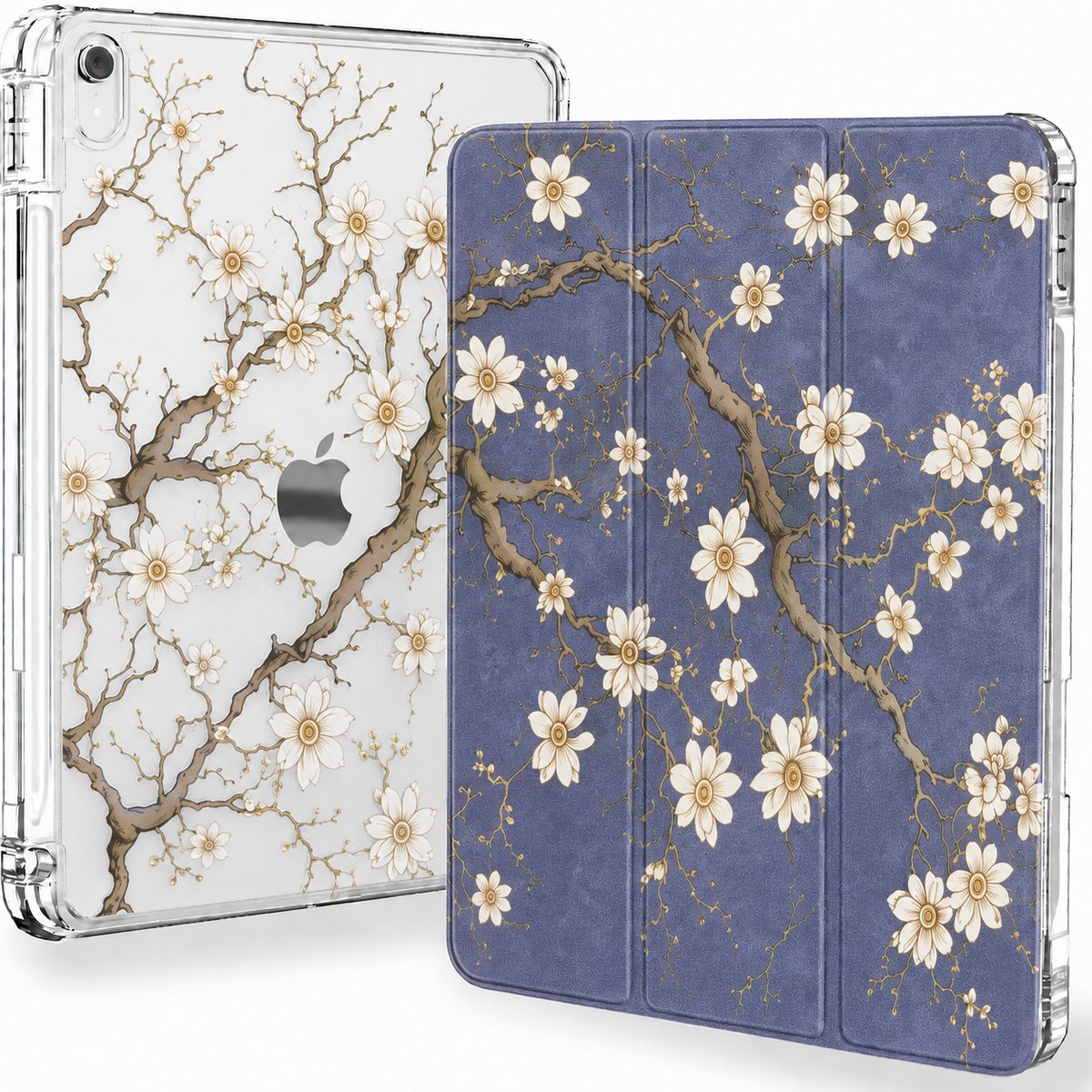Sounix Tablet hoes geschikt voor Apple iPad 11 (2025) A16 / Apple iPad 10.9 (2022) - Hoesje met Pencil Houder Uitsparing - Blauwe en witte bloemen