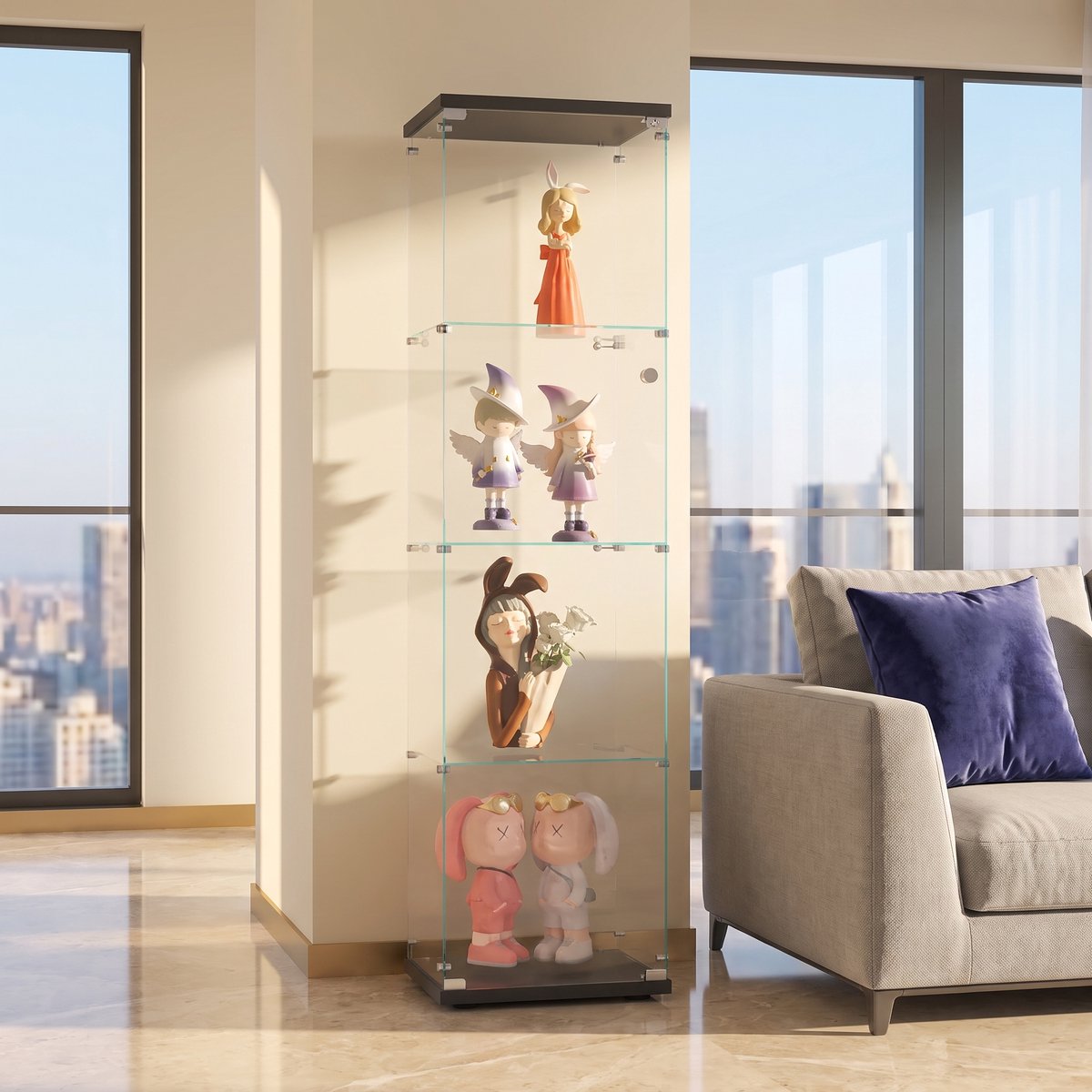 Glazen Vitrinekast, Verticale Verzamelkast, 4-Laags Glazen Vitrinekast voor Verzamelobjecten, Boeken, Wijn, Geschikt voor Kantoor, Woonkamer, Keuken, 164 x 42,5 x 36,5 cm (Zwart)
