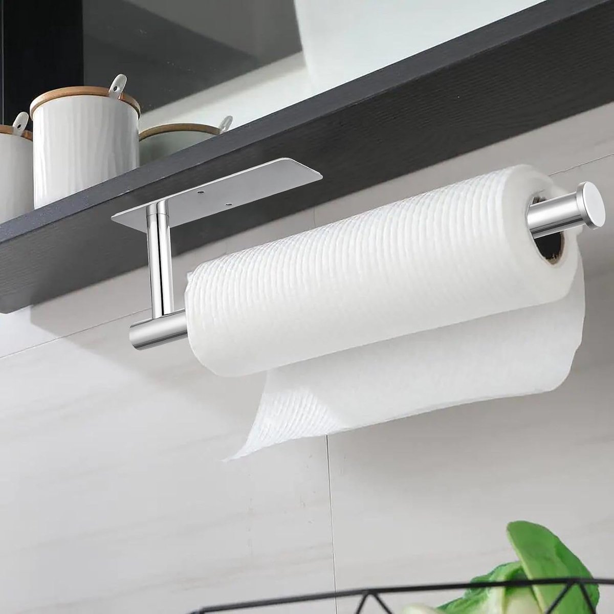 Papierrolhouder, papierrolstang onder keukenkast, geschikt voor keuken, zelfklevend of wandmontage met boorgaten, roestvrij staal verchroomd