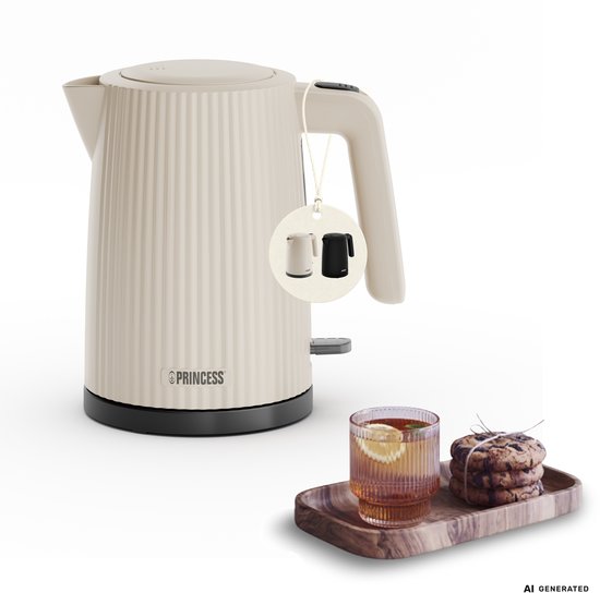 Crèmekleurige Princess waterkoker Wave met verticale ribbels, 1.7 liter, met een glas thee en koekjes.