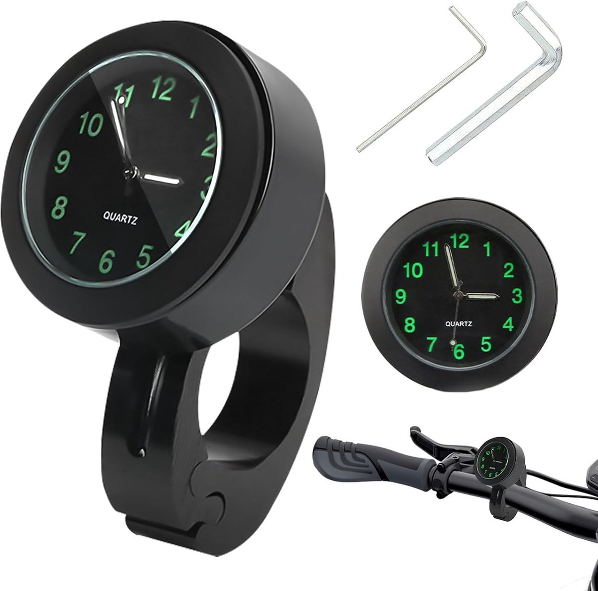 Stuurhorloge, zwart, 22-25 mm, stuurhouder, horloge voor motorfietsen, motorhorloges, stuur voor fiets