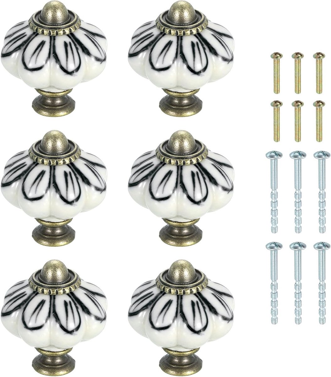 6 stuks keramische knoppen, 35 mm pompoen kastknop, ladegreep, vintage ladeknoppen met schroeven voor kaptafel, slaapkamer, meubels, kast, zwarte bloemblaadjes