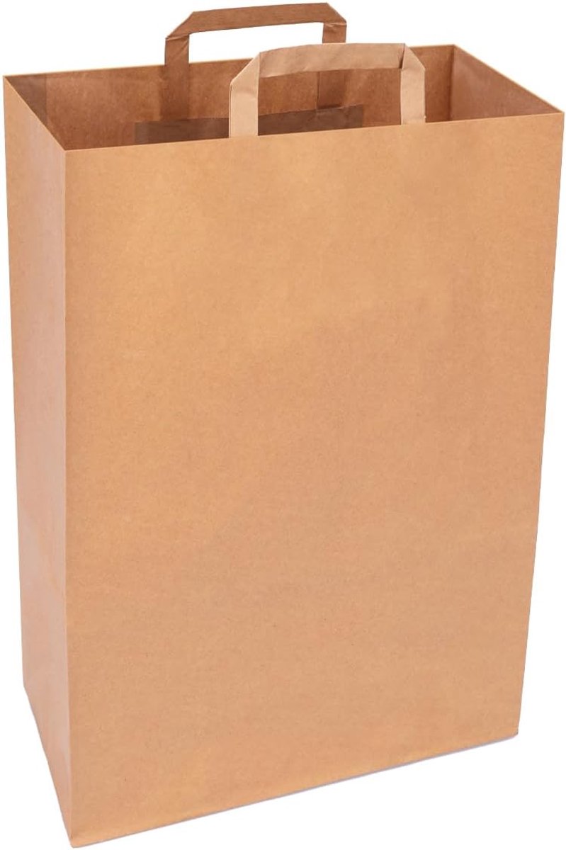 Verpacking papieren draagtassen met handvat 45 x 32 x 16 cm Bruin [maat en kleur naar keuze] cadeauzakjes boodschappen biologisch afbreekbaar handel 250 stuks