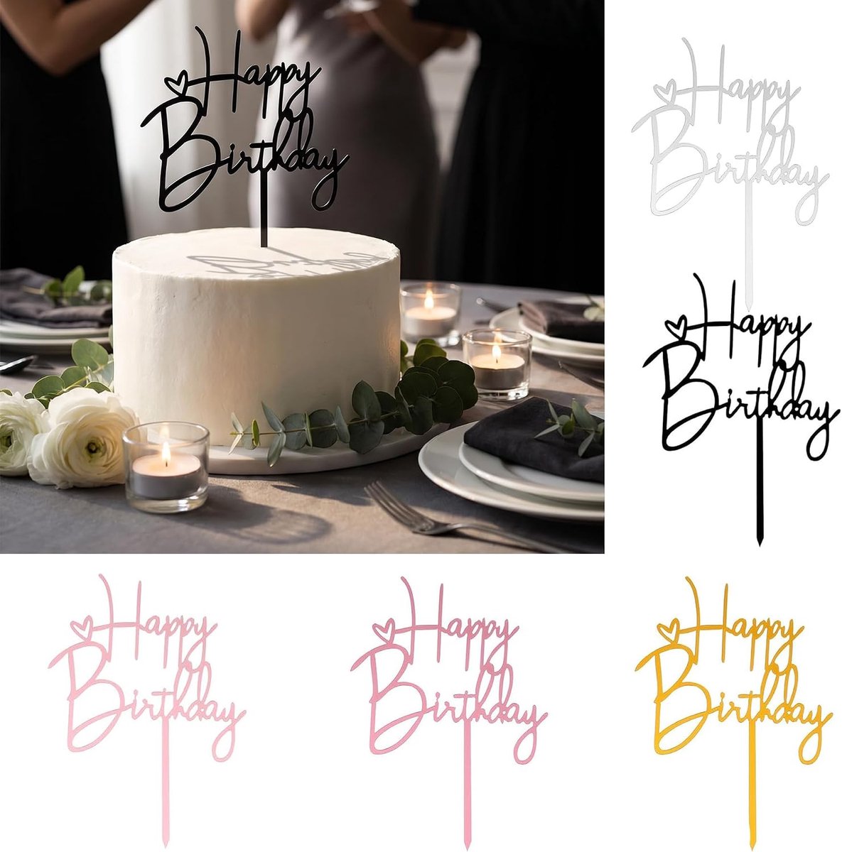 5-delige Happy Birthday-taarttoppers, acryl feestdecoratie, 5 levendige kleuren, gladde lasergesneden afwerking, ideaal voor verjaardagsvieringen en jubileumevenementen